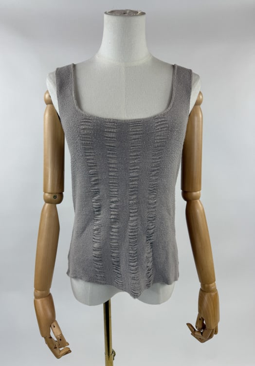 Vintage 1990s Armani Collezioni Grey Knit Shirt: Vintage 1990s Armani Collezioni Grey Knit Tank Top Shirt Blouse. Sleeveless tank top with rib knit throughout. Marked size 46 with stretch throughout. Measures 16 - 22 inches flat across chest, 22 inc