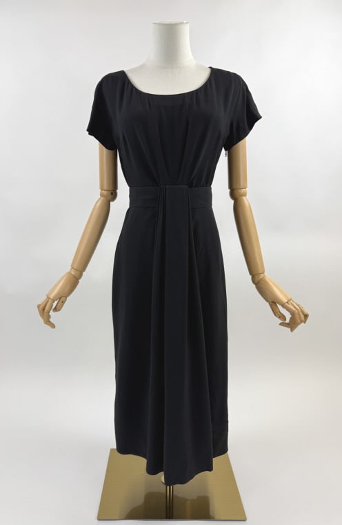 Vintage 1950s Lanvin Castillo Black Silk Dress: Vintage 1950s Jeanne Lanvin by Castillo Black Silk Cocktail Dress. Zips at side to close with attached belt at waist that snaps and hooks closed. Wrap style with drape detail at center front. Seams ar