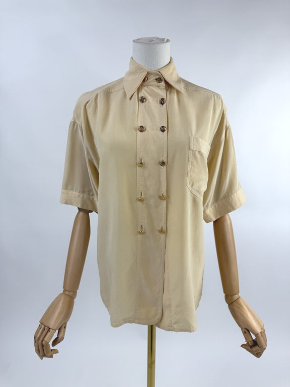 Vintage Chanel Beige Silk Gold Button Blouse Shirt (1 of 9)