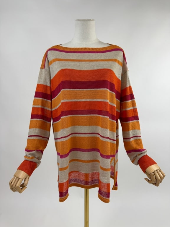 Loro Piana Orange Striped Flax Knit Sweater: Vintage Loro Piana Striped Flax Knit Sweater. Horizontal stripes throughout with wide boat neckline. Marked size 48 with stretch throughout. Measures 24 inches flat across chest, 29 inches long, 23 in