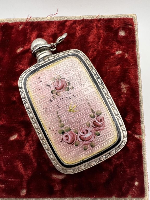 Antique French Sterling Guilloche Perfume Pendant: Antique French Sterling Guilloche Perfume Pendant. Hand painted floral motif over guilloche enamel with gold inset bird at center. Marked STERLING on the back. Set with spring ring bail to add to a ch