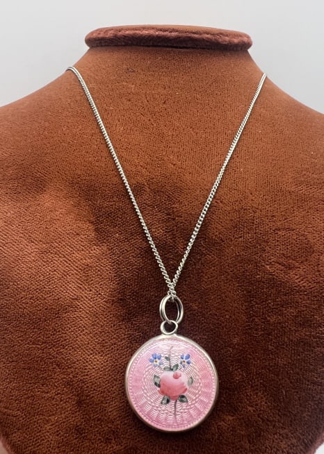 Antique French Sterling Guilloche Necklace Pendant: Antique French Sterling Silver Guilloche Necklace Pendant. Chain is hallmarked STERLING on clasp. Pendant with French guilloche style enamel on both sides, one side with floral design. Chain measures 
