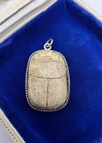 Antique Egyptian Faience Scarab & Silver Pendant