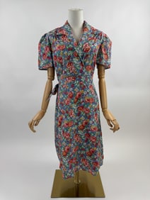 Vintage 1930s Blue Feedsack Floral Wrap Dress