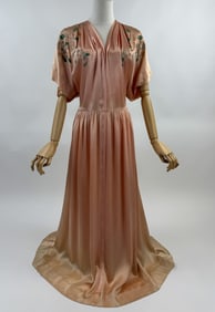 Vintage 1940s Pink Hand Painted Floral Dress Gown