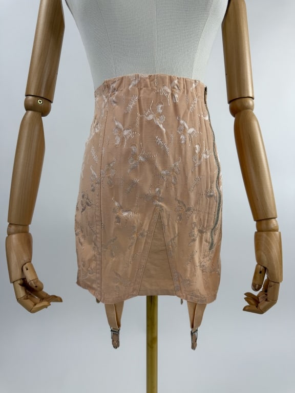 Vintage 1940s Pink Floral Corset Girdle Skirt: Vintage 1940s Pink Floral Jacquard Corset Girdle Skirt Shapewear Lingerie. Zips up center front with elastic through sides. Garters at hem. Labeled Madame Grace. Boned throughout. Light spotting throu