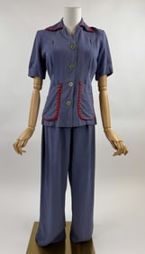 Vintage 1940s Blue Linen 2 Piece Suit Set