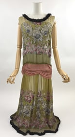 Antique 1920s Silk Floral Fur Trim Gown Dress