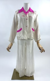 Vintage 1940s White Silk Souvenir Pajamas Set