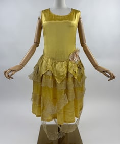 Antique 1920s Yellow Rayon Satin Lace Tiered Dress