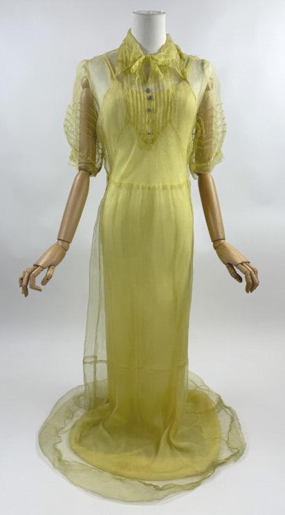 Vintage 1930s Yellow Sheer Chiffon Deco Gown Dress: Vintage 1930s Yellow Sheer Chiffon Puff Sleeve Art Deco Gown Dress. Sheer with matching slip underneath. Non functional buttons at front with single snap at neck. Snaps at side. Light wear and holes t
