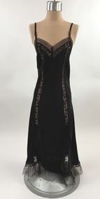 Vintage 1940s Black Rayon Lace Inset Slip Dress
