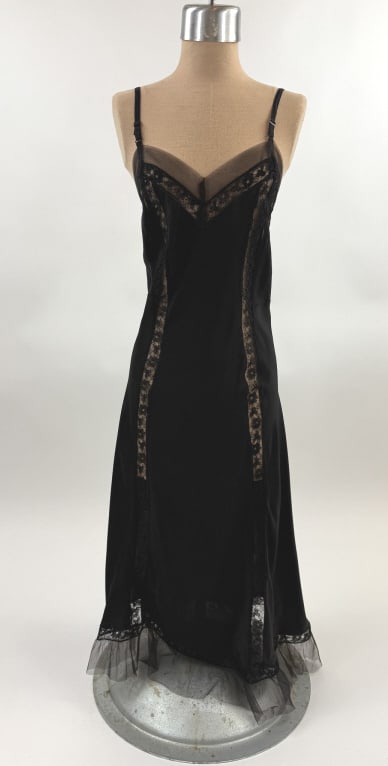 Vintage 1940s Black Rayon Lace Inset Slip Dress: Vintage 1940s Black Rayon Lace Inset Lingerie Slip Dress Night Gown. Deadstock vintage condition with paper tag attached. Marked size 32. Adjustable shoulder straps. Measures 32 - 34 inch bust, 24 - 3
