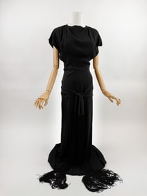 Vintage 1940s Black Crepe Fringed Maxi Dress Gown