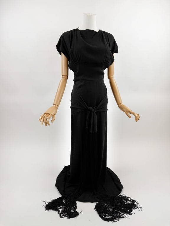 Vintage 1940s Black Crepe Fringed Maxi Dress Gown (1 of 14)