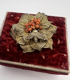 Chinese Silver Filigree Coral Floral Motif Brooch