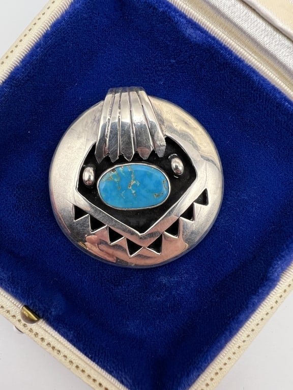 Native American Sterling & Turquoise Signed Brooch (1 of 9)