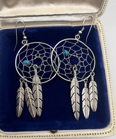 Pair Native American Sterling & Turquoise Earrings