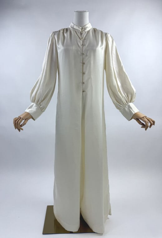 Vintage 1970s Satin Disco Balloon Sleeve Jumpsuit: Vintage 1970s Satin Disco Balloon Sleeve Jumpsuit One Piece. Label reads Eve Stillman Originals. Marked size S. Buttons up front with rhinestone buttons. Long balloon sleeves & wide legs. Light wear t