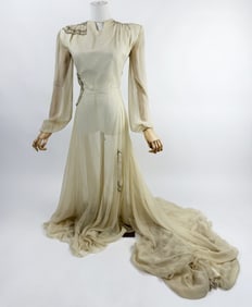Vintage 1940s Silk Chiffon Trained Wedding Gown