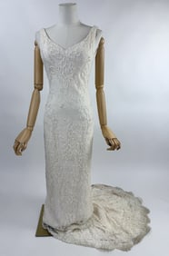 Vintage 1990s Beaded Lace Trained Wedding Gown