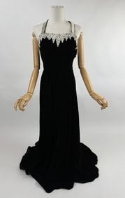 Vintage 1940s Black Velvet Sequin Deco Gown Dress