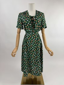 Vintage 1940s Deco Cold Rayon Printed Day Dress