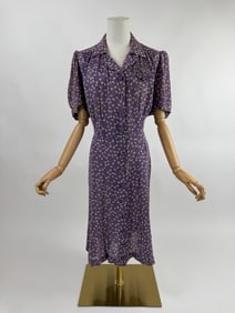 Vintage 1940s Bow Print Rayon Sheer Day Dress