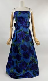 Vintage 1950s Watered Silk Floral Bow Gown Dress