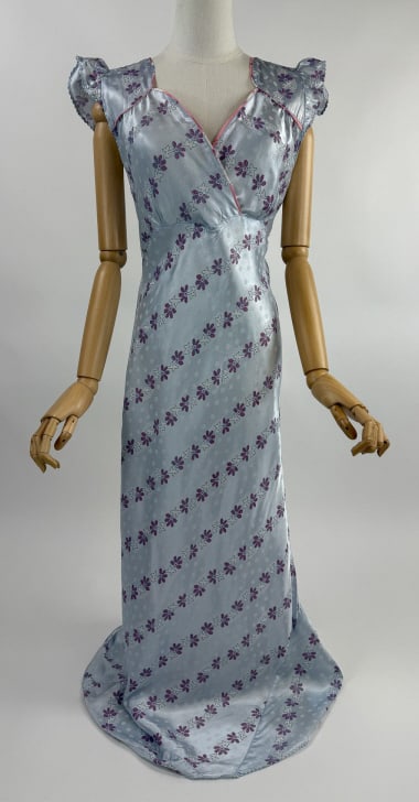 Vintage 1930s Rayon Satin Floral Bias Slip Dress: Vintage 1930s Blue Rayon Satin Bias Cut Floral Stripe Slip Dress Lingerie Night Gown. Small cap sleeves. Bias cut throughout with stretch. Attached ties at waist to adjust. Scalloped hem. Marked size 