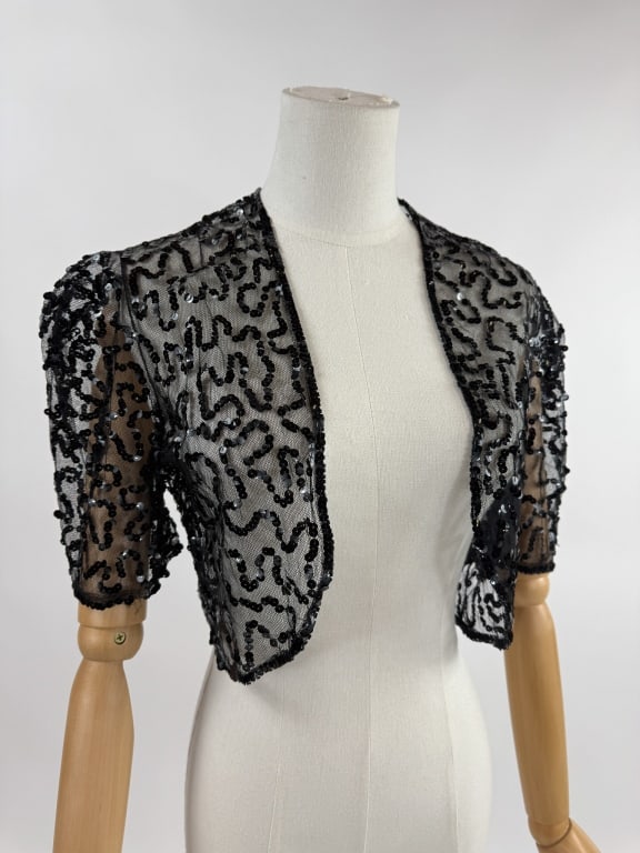 Vintage 1930s Black Sequin Bolero Net Top Shirt (1 of 6)