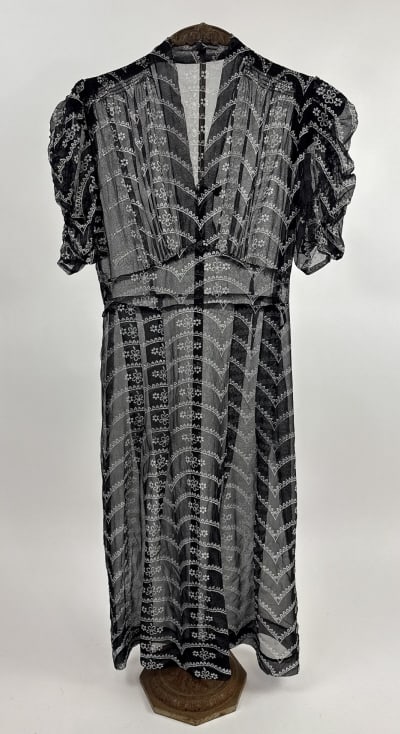 Vintage 1930s Deco Black Floral Chiffon Day Dress: Vintage 1930s Art Deco Black Printed Floral Chiffon Day Dress. With ruching at shoulders, through bust and short puffed sleeves No closures, slides over head. Belt loops at waist. Measures 34 - 38 inc