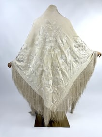 Antique 1920s Ivory Embroidered Piano Shawl Wrap