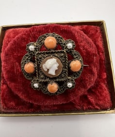 Antique 19th C Shell Cameo Coral & Pearl Brooch