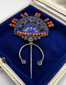 Antique Silver Coral & Enamel Fibula Pin