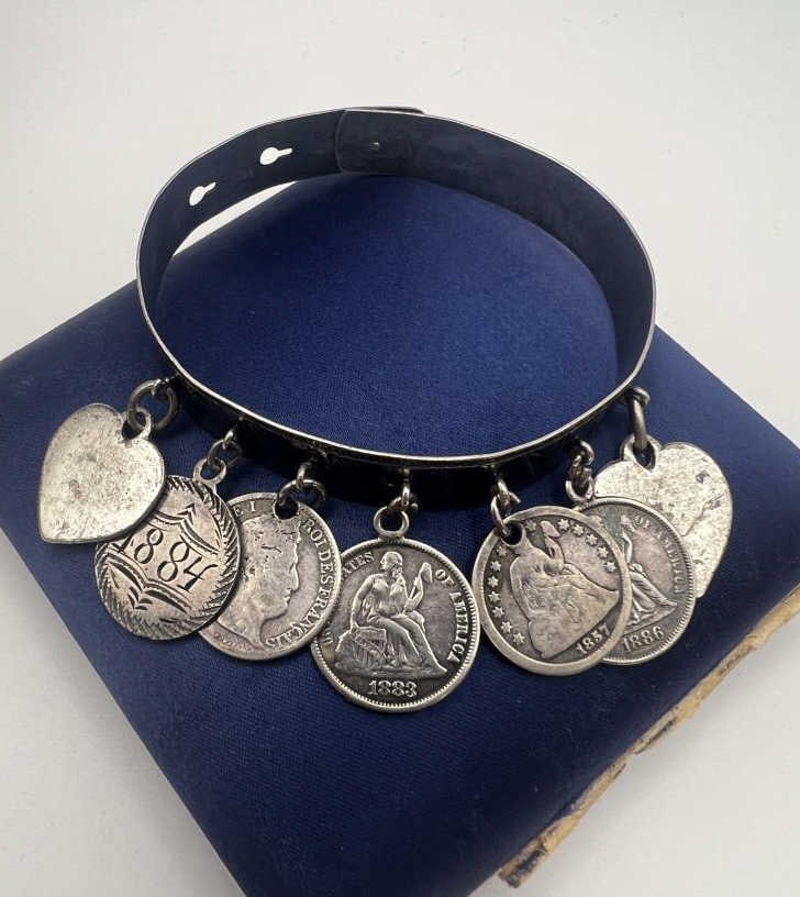 Antique 19th C Lover's Token Coin Charm Bracelet (1 of 12)