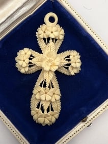 Antique 19th C Victorian Carved Bone Cross Pendant