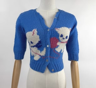 Vintage 1950s Knit O Graf Kitty Cat Sweater Top
