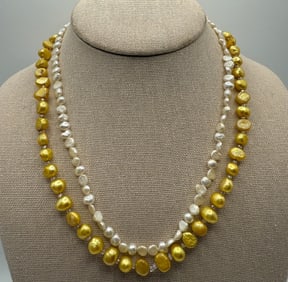 Two Vintage Pearl Strand Necklaces 14k Gold Clasps