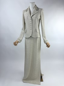 Vintage St. John Silver Metallic Knit Skirt Set