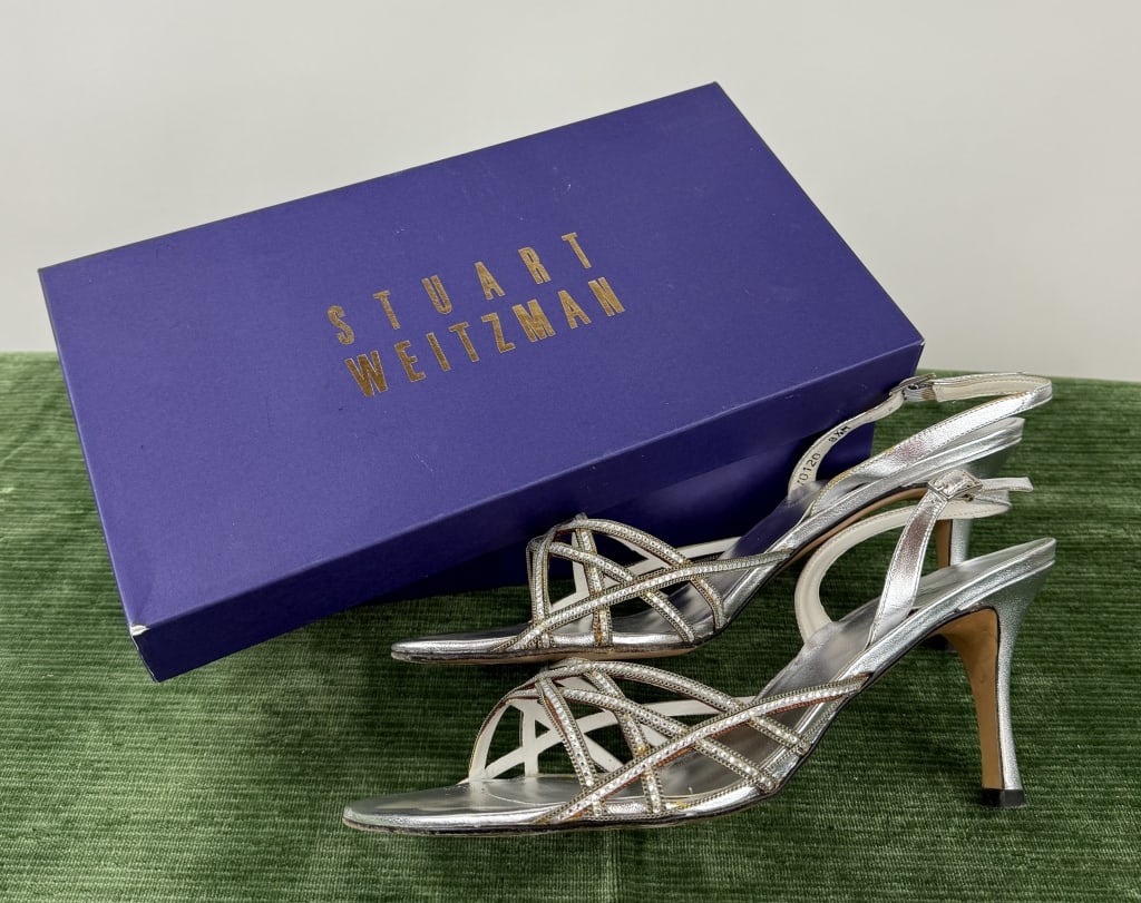 Vintage Stuart Weitzman Silver Rhinestone Heels: Vintage Stuart Weitzman Metallic Silver Rhinestone Chain Sandals Heels. Light wear throughout as shown. Marked size 8.5 M. Comes with original box.