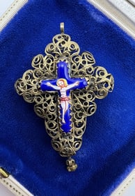 Antique German Biedermeier Enamel Filigree Cross