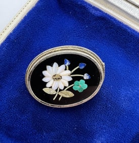 Antique 800 Silver Pietra Dura Floral Motif Brooch