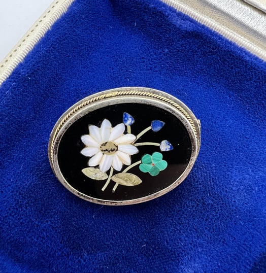 Antique 800 Silver Pietra Dura Floral Motif Brooch (1 of 7)