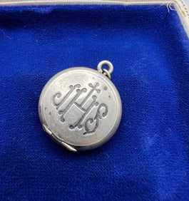 Antique Silver IHS Catholic Locket Reliquary