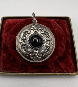 Estate Sterling Silver Locket with Onyx Cabochon
