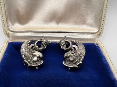 Pair Antique Sterling Silver Sea Serpent Earrings