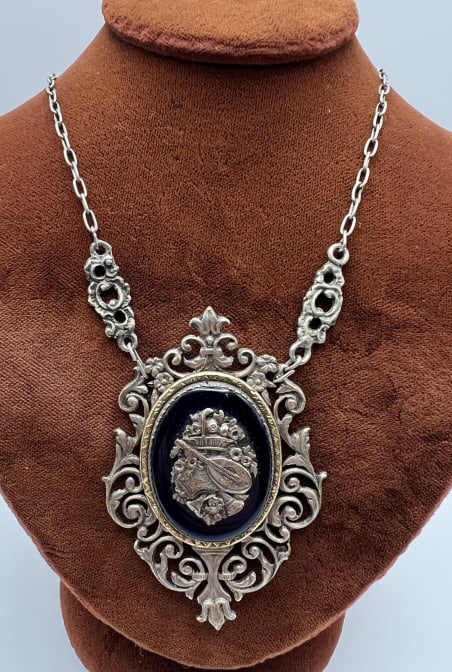 Antique French Glass Necklace Pendant on Sterling: Antique French Cobalt Blue Glass Necklace Pendant on Sterling Silver Chain. Clasp is hallmarked 925, pendant itself with silver tone and gold tone halo surrounding blue cobalt glass and Neo Classical 