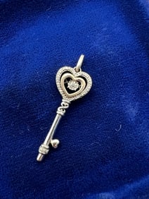 10kt Gold Sterling & Diamond Skeleton Key Pendant