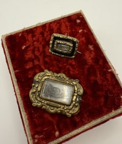 Pair Antique Mourning Hair Work Enamel Brooches